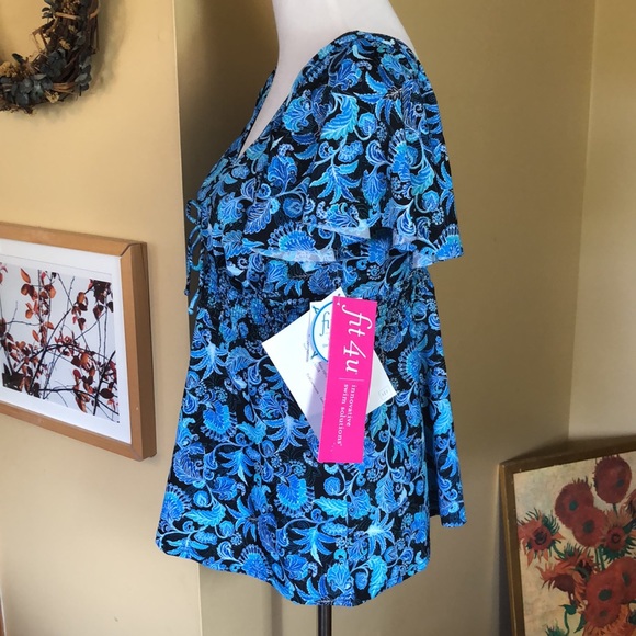 FIT FOR YOU size 16 Floral Scroll Fan V-Neck SMOCKED Ruched Empite Waist $78 NEW - Picture 6 of 15